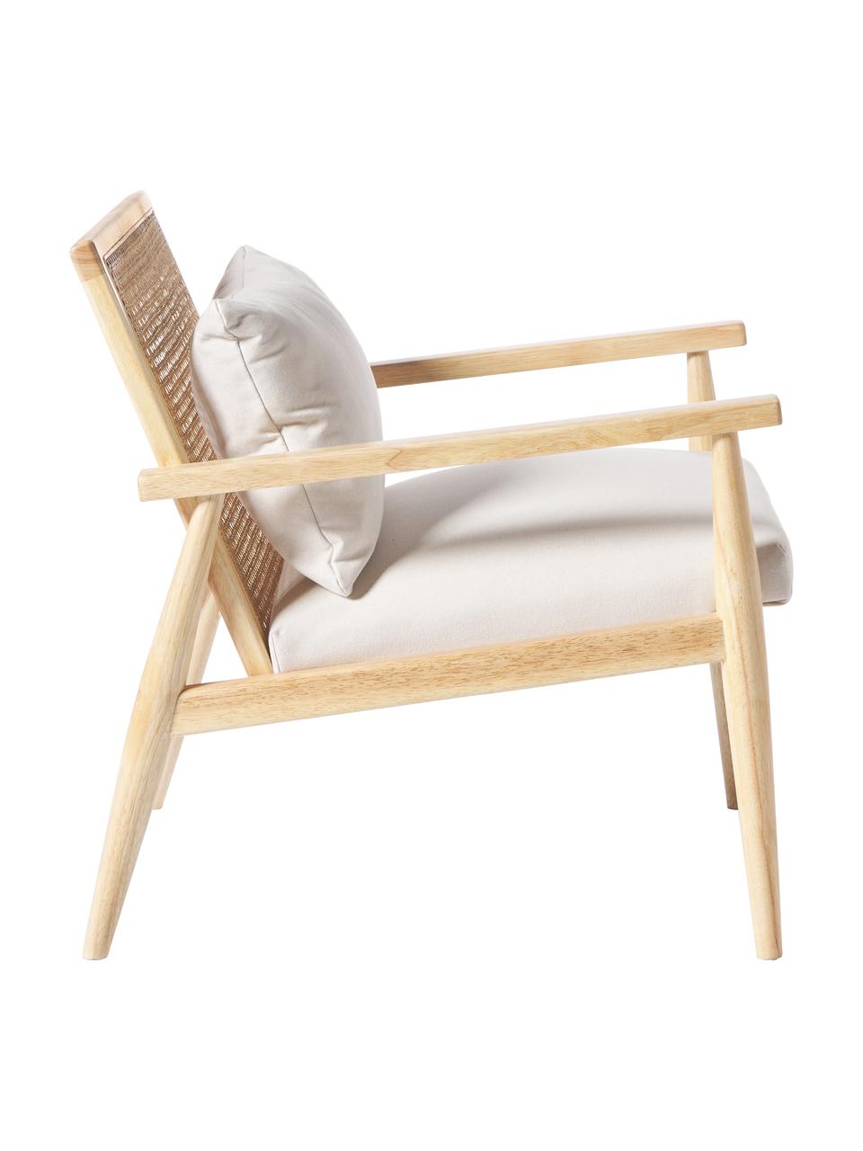 Fauteuil lounge en bois d'hévéa massif Manuell, Tissu blanc crème, bois d'hévéa, larg. 65 x long. 71 cm