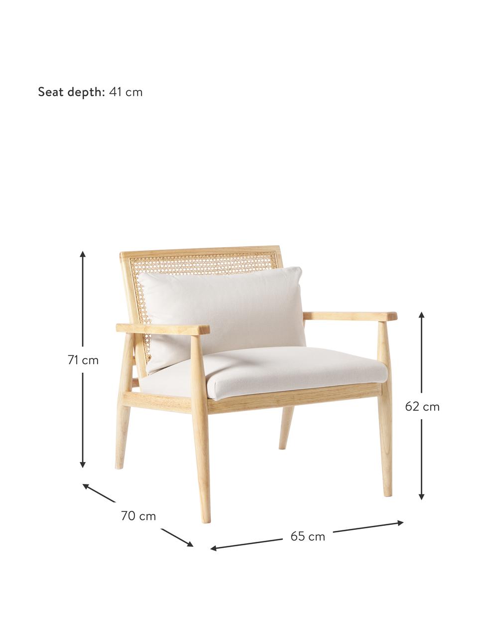 Fauteuil lounge en bois d'hévéa massif Manuell, Tissu blanc crème, bois d'hévéa, larg. 65 x long. 71 cm