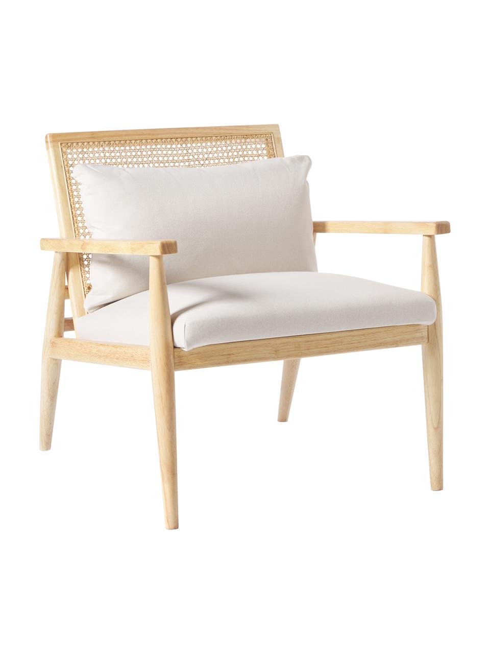 Fauteuil lounge en bois d'hévéa massif Manuell, Tissu blanc crème, bois d'hévéa, larg. 65 x long. 71 cm