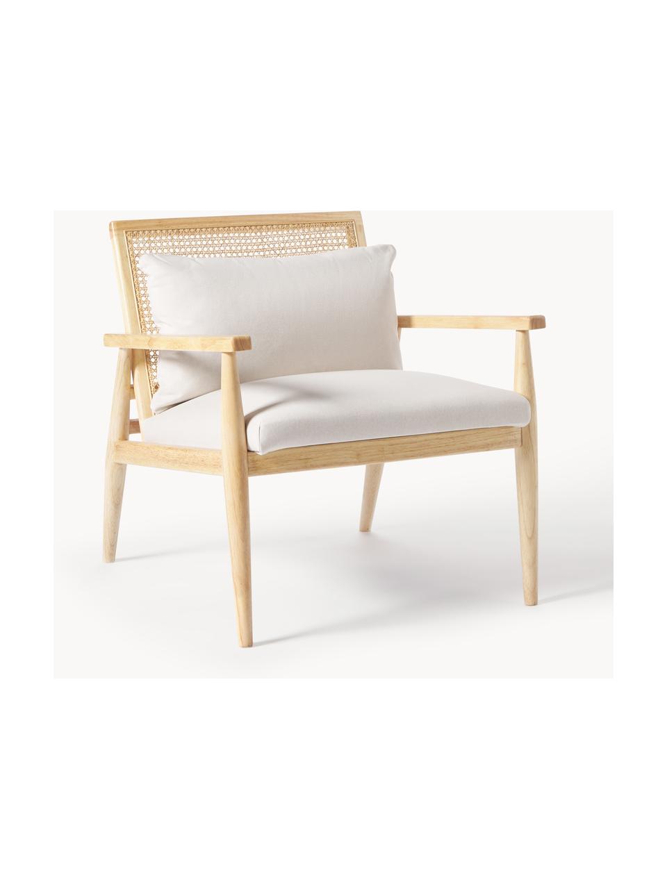 Poltrona lounge in legno di caucciù Manuell, Rivestimento: 100% poliestere Con 40.00, Struttura: legno di gomma massiccio , Tessuto bianco sporco, legno di caucciù, Larg. 65 x Alt. 71 cm