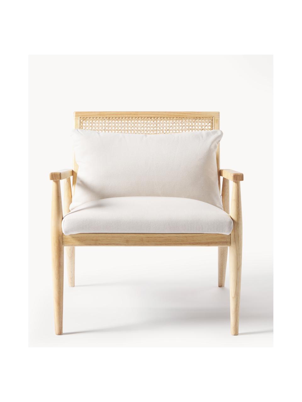 Fauteuil lounge en bois d'hévéa massif Manuell, Tissu blanc cassé, bois d'hévéa, larg. 65 x long. 71 cm