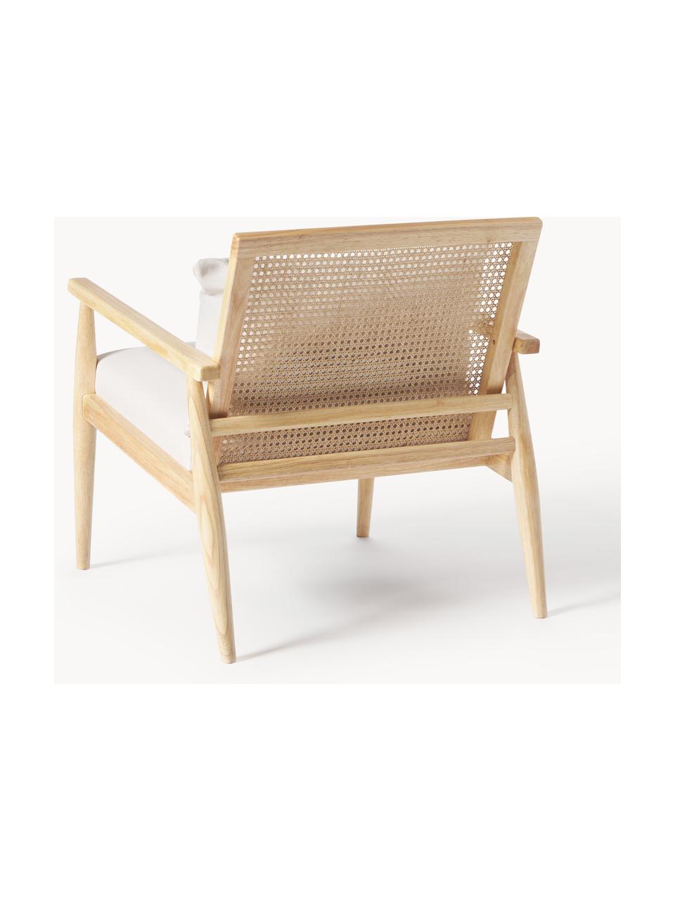 Fauteuil lounge en bois d'hévéa massif Manuell, Tissu blanc cassé, bois d'hévéa, larg. 65 x long. 71 cm