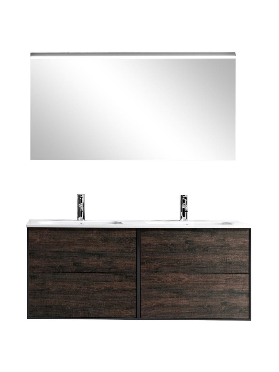 Doppelwaschtisch-Set Ago, 4-tlg., Spiegelfläche: Spiegelglas, Rückseite: ABS-Kunststoff, Schwarz, Eschenholz-Optik, B 121 x H 190 cm