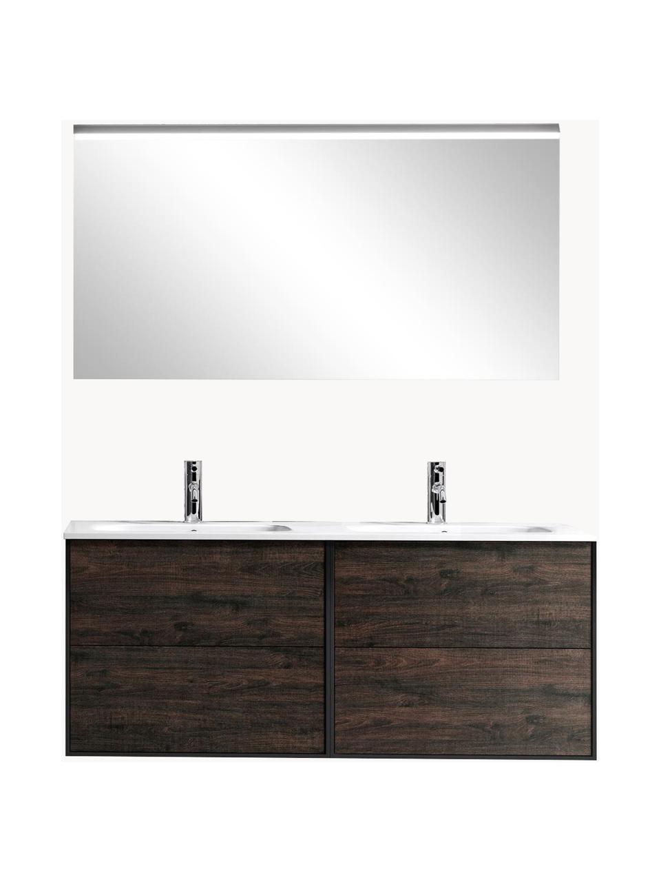 Set doppio lavabo Ago 4 pz, Superficie dello specchio: vetro a specchio, Nero effetto legno di frassino, Larg. 121 x Alt. 190 cm