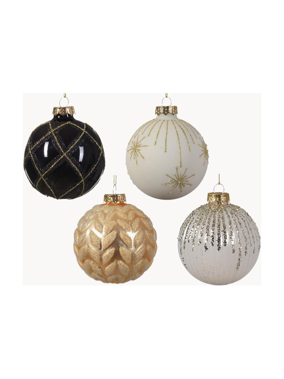Weihnachtskugeln Glam, 12er-Set, Glas, Off White, Schwarz, Goldfarben, Ø 8 cm