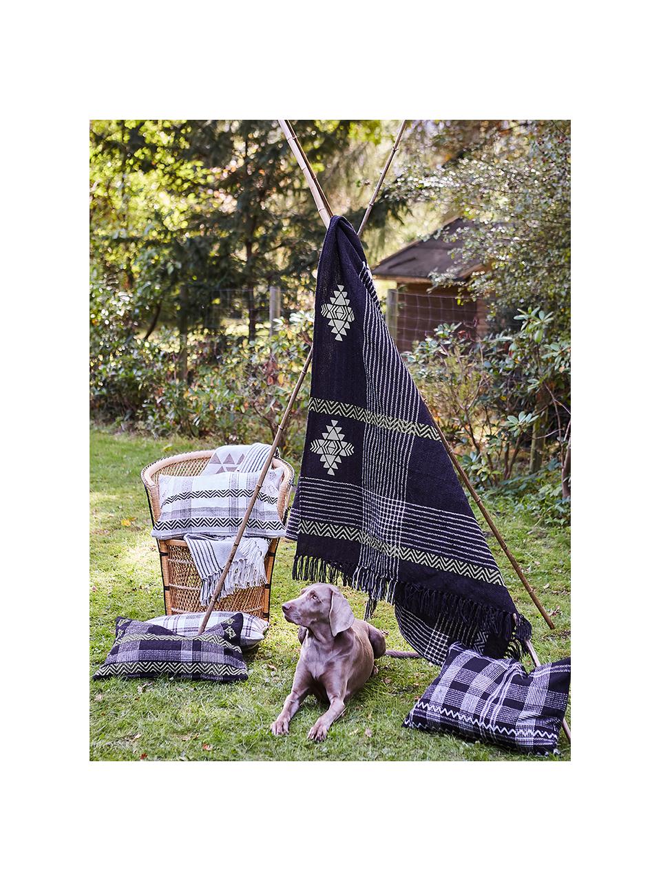 Ethno Plaid Aztecy aus recyceltem PET, PET, recycelt, Schwarz, Weiss, Beige, 130 x 180 cm