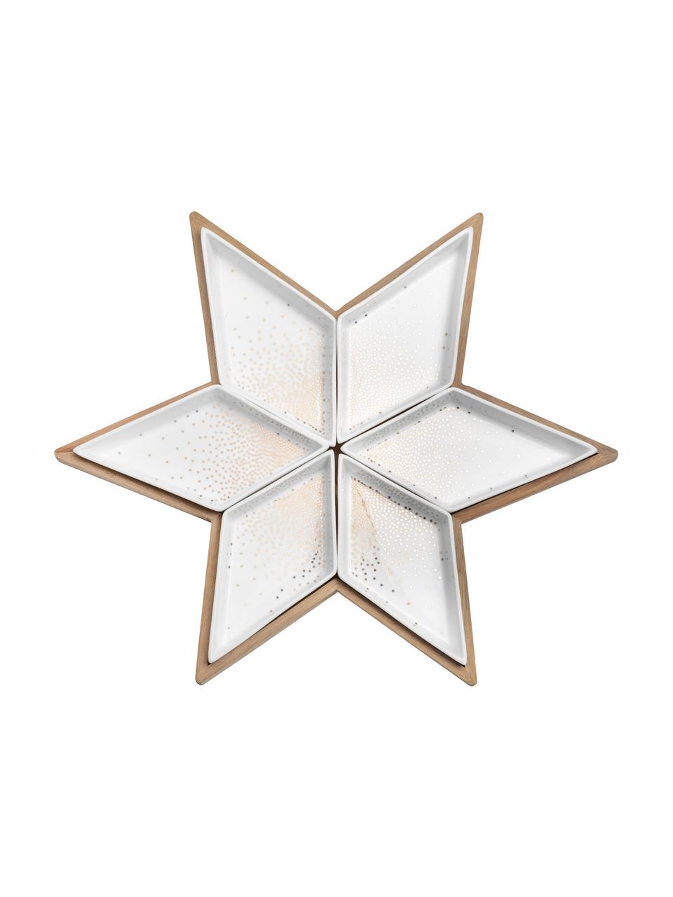 Set de cuencos de porcelana Star, 7 pzas., Cuencos: porcelana esmaltada, Bandeja: madera de acacia, Blanco, madera clara, dorado, An 43 x F 43 cm