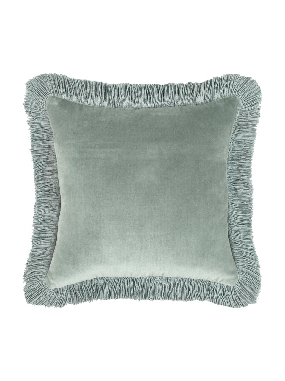 Housse de coussin en velours vert sauge à franges Phoeby, Coton, Vert sauge, larg. 40 x long. 40 cm