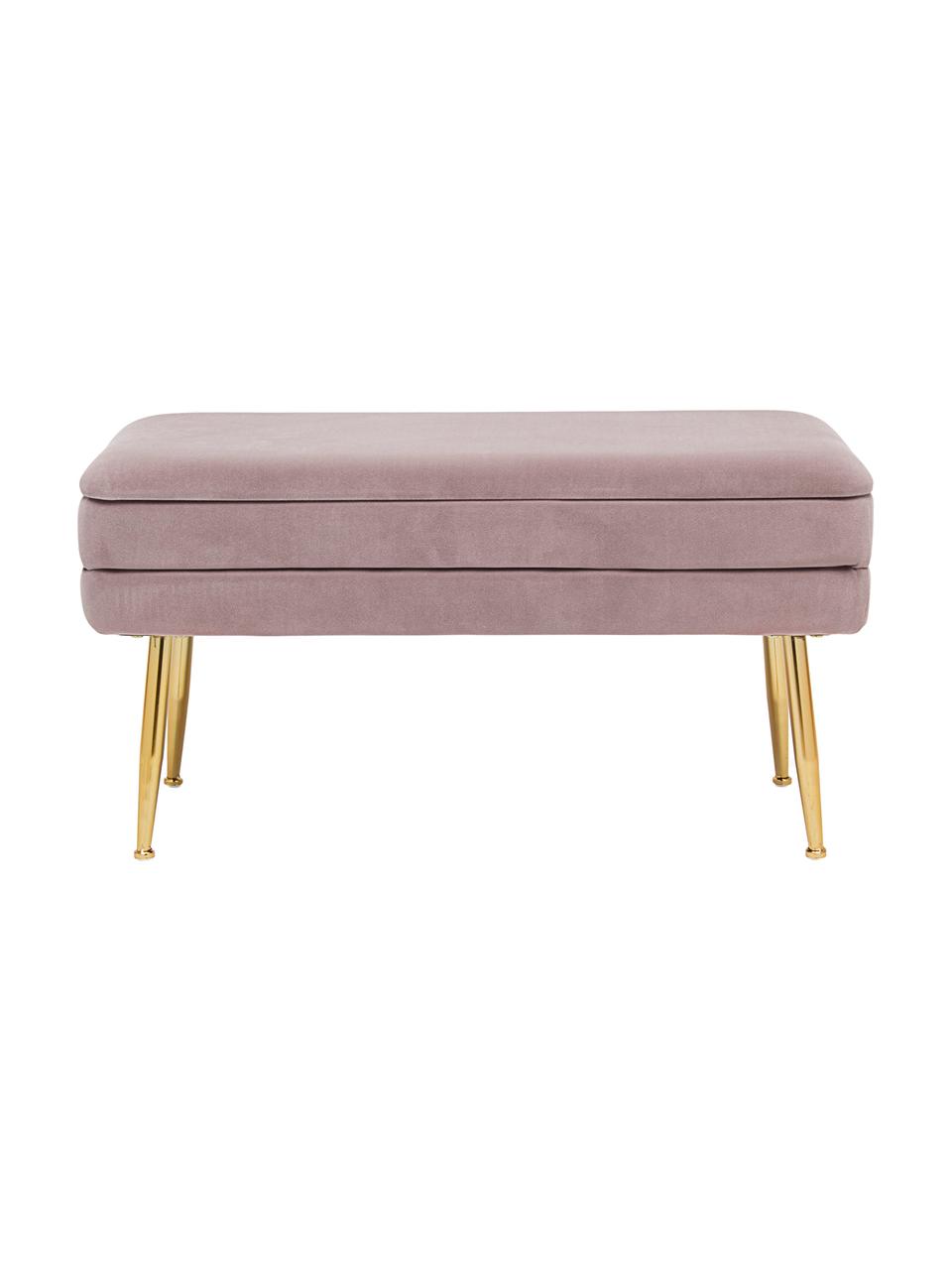 Banco de terciopelo Pavlina, con espacio de almacenamiento, Tapizado: terciopelo de poliéster, Estructura: tablero de fibras de dens, Patas: metal con pintura en polv, Malva, latón, An 80 x Al 42 cm