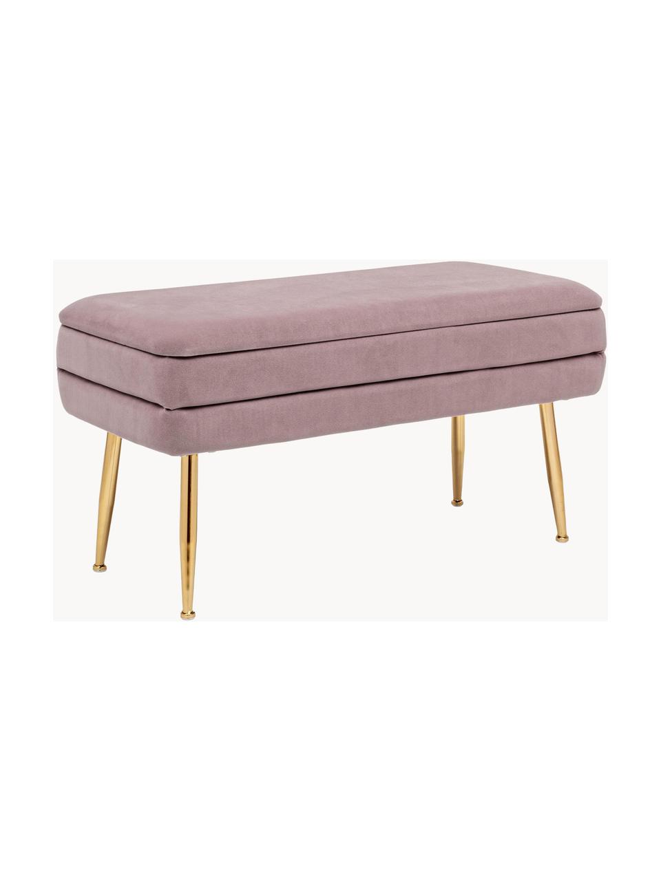 Fluwelen gestoffeerde bank Pavlina met opbergfunctie, Bekleding: polyester fluweel, Frame: MDF, Poten: gepoedercoat metaal, Fluweel mauve, messingkleurig, B 80 x H 42 cm