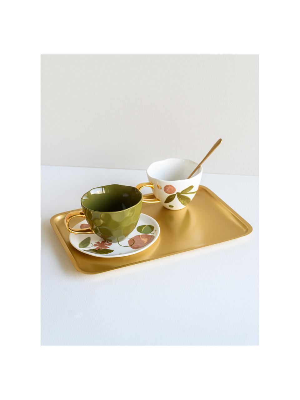 Beschilderde mok Good Morning Expressive met goudkleurig handvat, Beenderporselein, Wit, roze, groen, goudkleurig, Ø 11 x H 9 cm