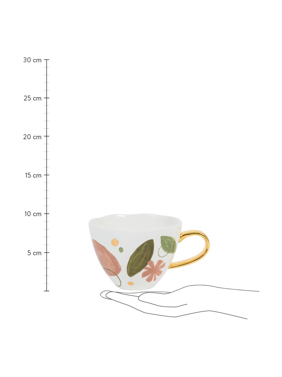 Tasse Good Morning, bunt bemalt mit goldfarbenem Griff, New Bone China, Weiss, Rosa, Grün, Goldfarben, Ø 11 x H 9 cm