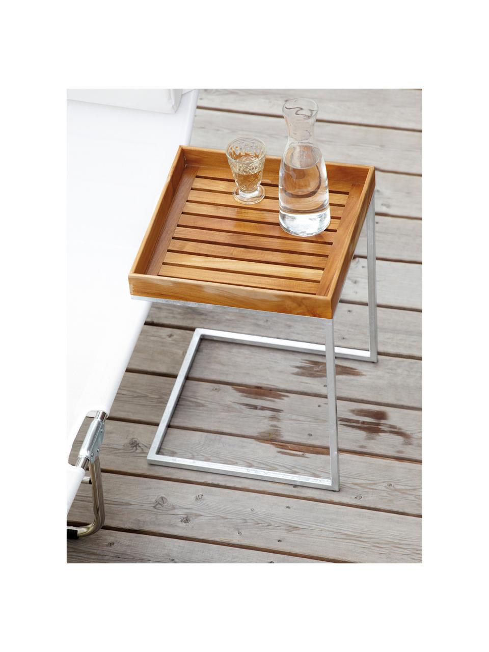 Balkon-Tablettisch Pizzo mit Teakholzplatte, Tischplatte: Massives Teakholz, geölt, Gestell: Edelstahl, geschliffen, Teakholz, Silberfarben, B 40 x H 52 cm