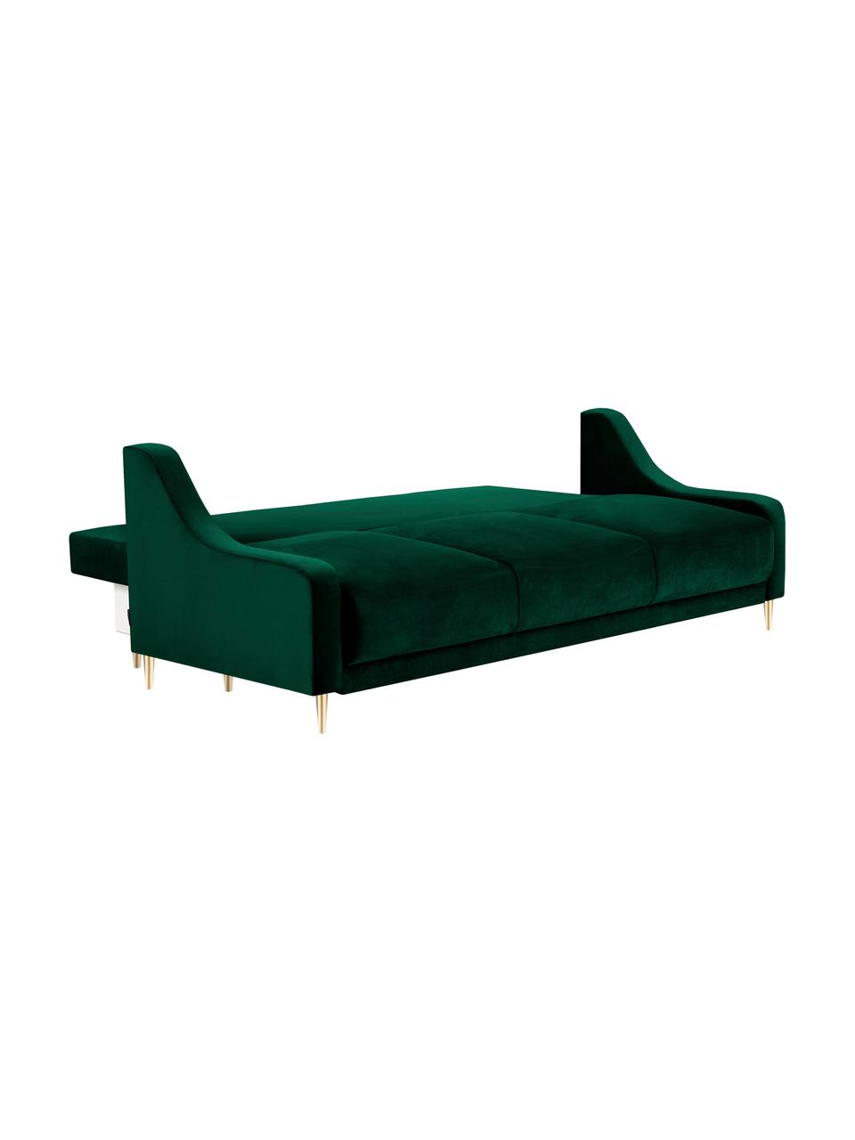 Sofá cama Lea (3 plazas), con espacio de almacenamiento, Tapizado: terciopelo de poliéster A, Patas: metal con pintura en polv, Terciopelo verde botella, patas latón, An 215 x F 94 cm
