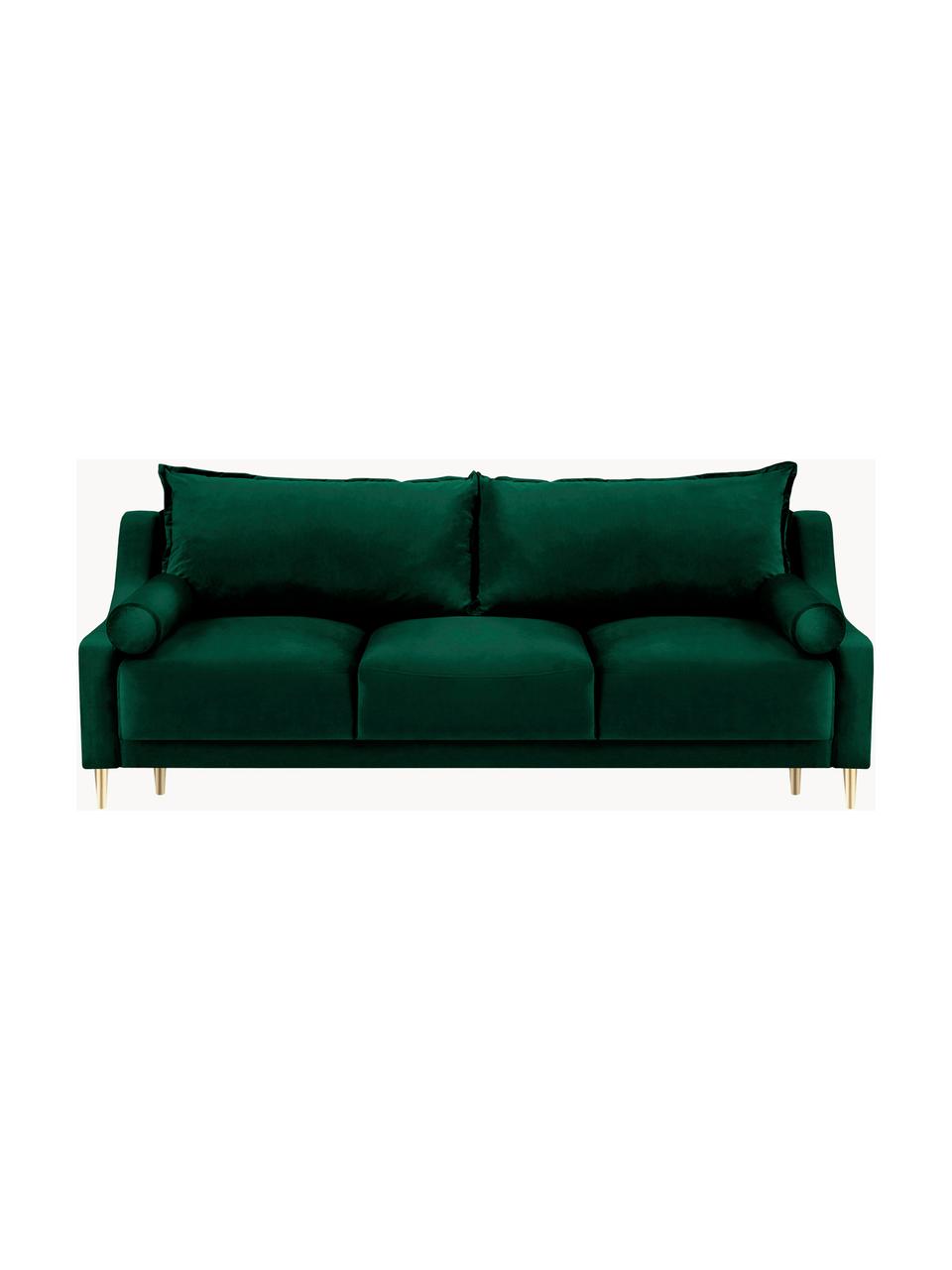 Canapé convertible 3 places avec rangement Lea, Velours vert bouteille, couleur laitonnée, larg. 215 x prof. 94 cm