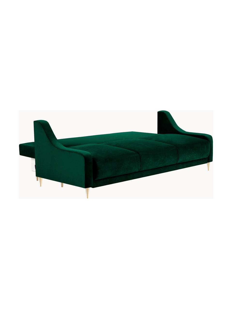 Divano letto 3 posti in velluto verde con contenitore Lea, Rivestimento: velluto di poliestere Il , Piedini: metallo verniciato a polv, Velluto verde bottiglia, ottonato, Larg. 215 x Alt. 94 cm