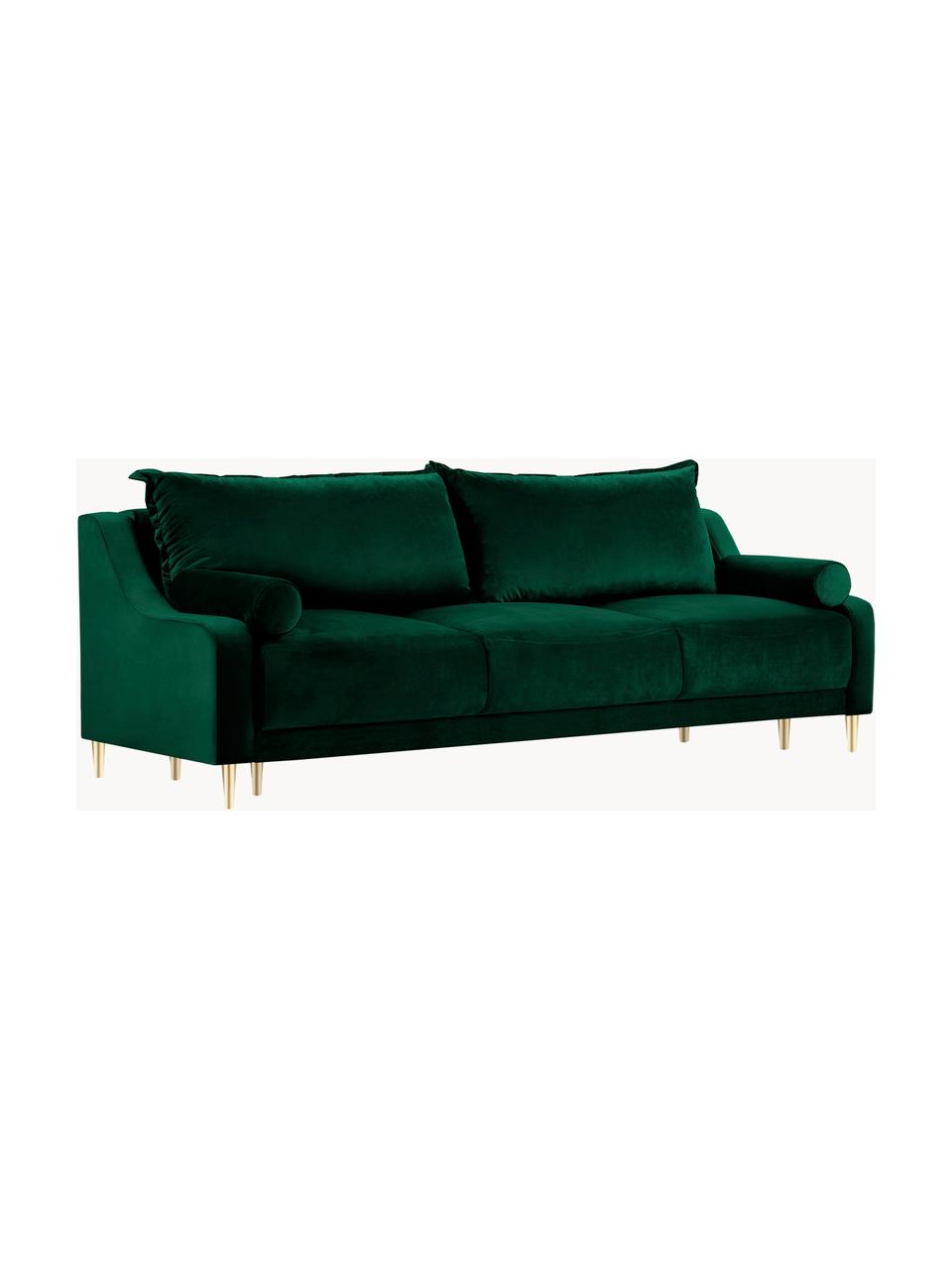 Canapé convertible 3 places avec rangement Lea, Velours vert bouteille, couleur laitonnée, larg. 215 x prof. 94 cm