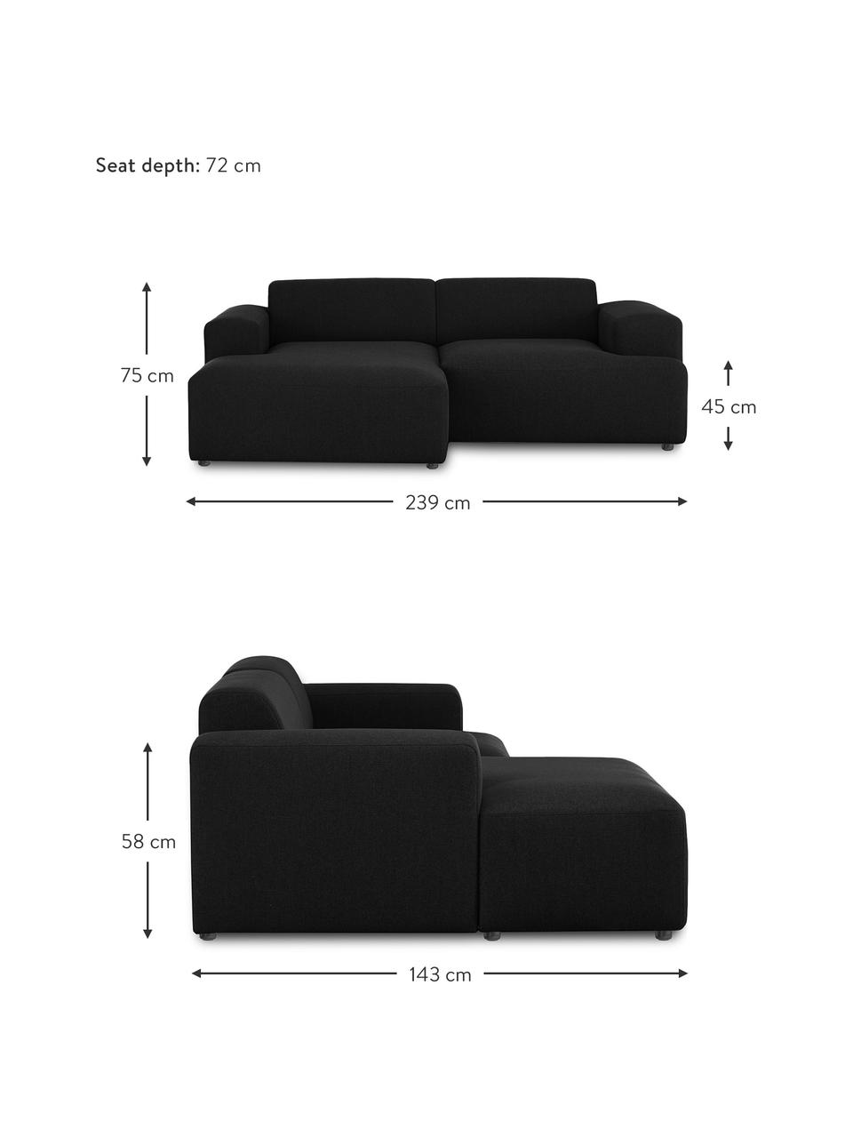 Canapé d'angle 3 places noir Melva, Tissu noir