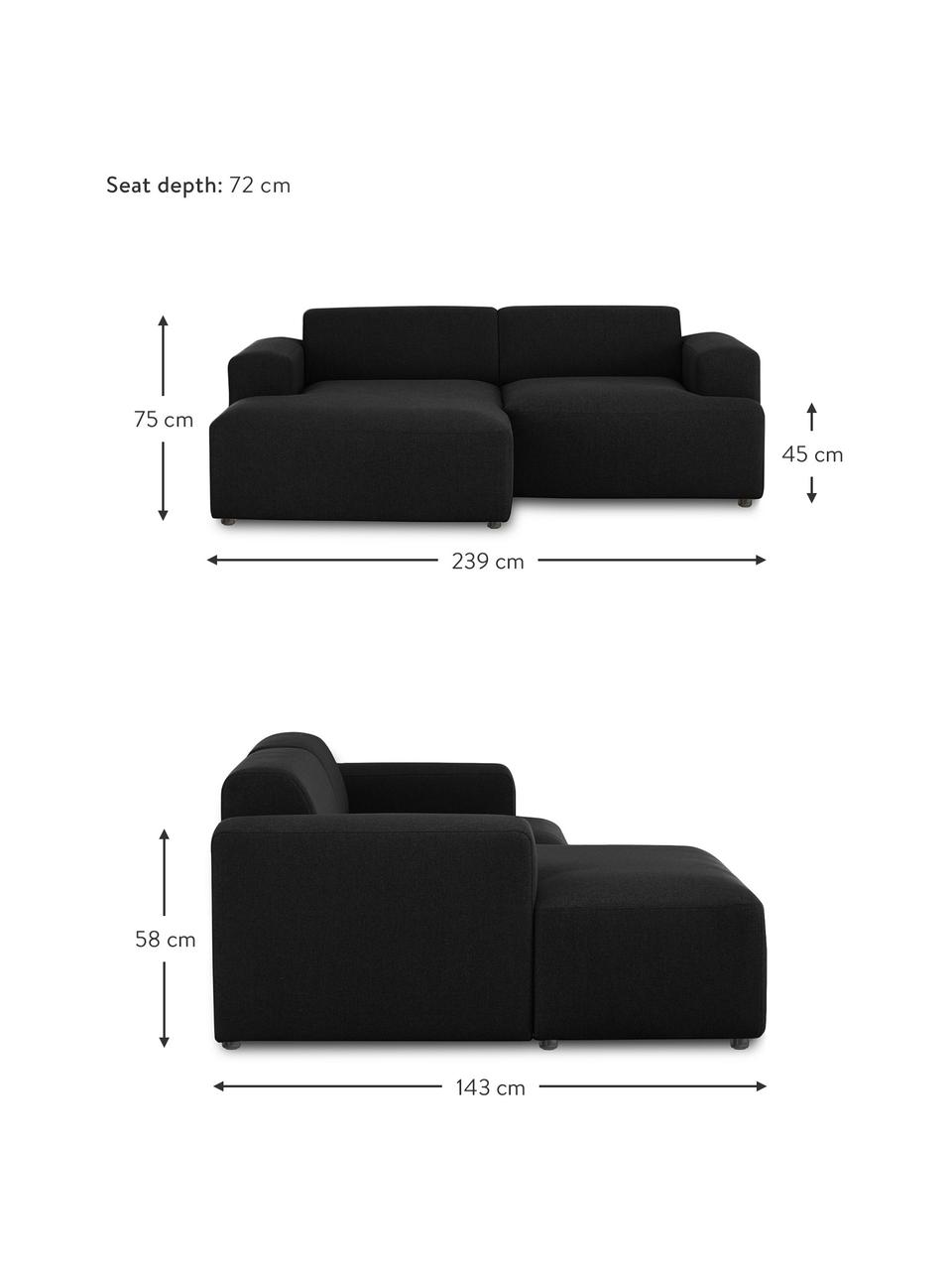 Sofa narożna Melva (3-osobowa), Tapicerka: 100% poliester Dzięki tka, Stelaż: lite drewno sosnowe z cer, Nogi: tworzywo sztuczne, Czarna tkanina, S 239 x G 143 cm, lewostronna
