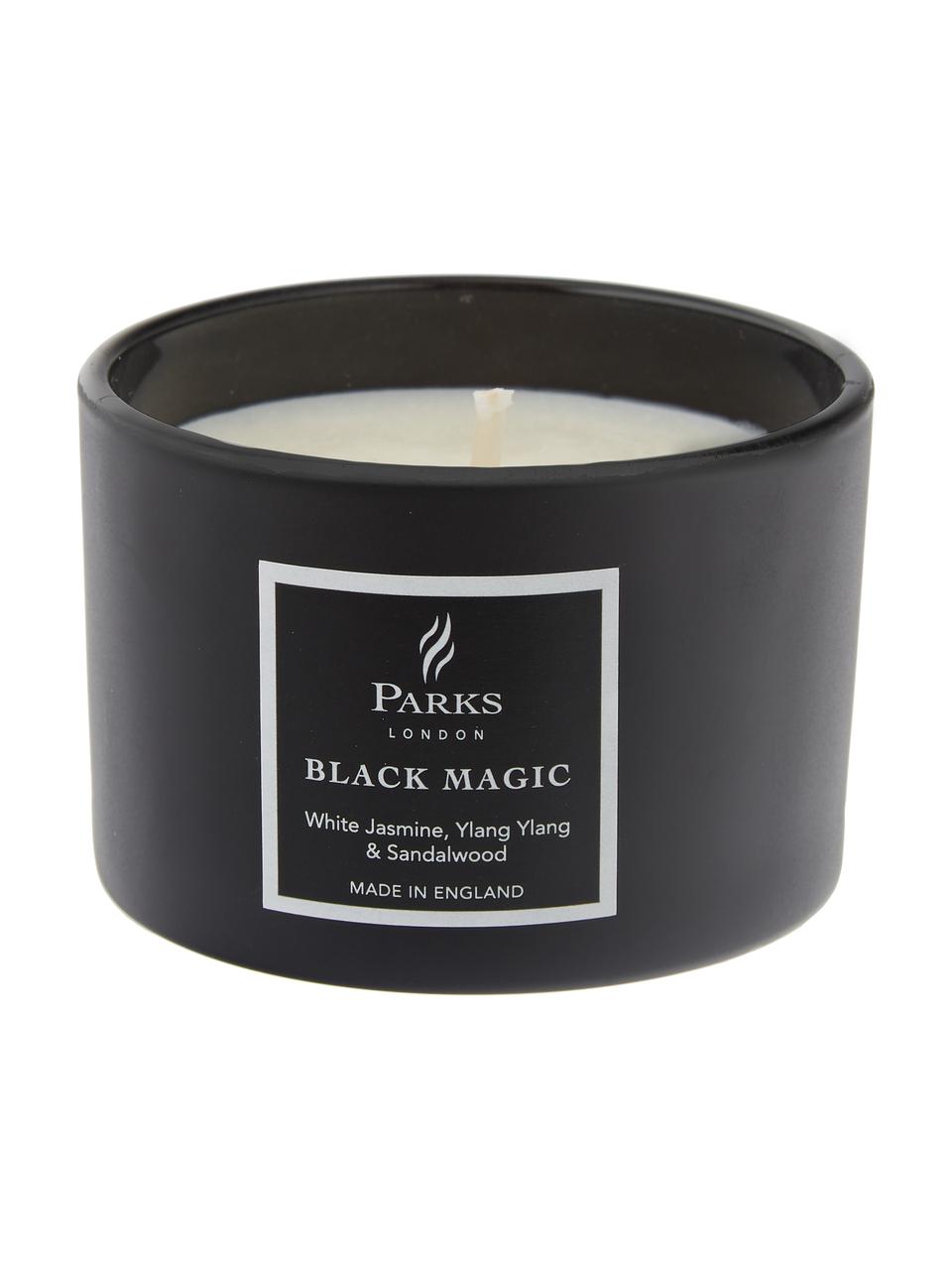 Kleine geurkaars Black Magic  (witte jasmijn, ylang ylang & sandelhout), Houder: glas, Zwart, wit, Ø 7 x H 5 cm