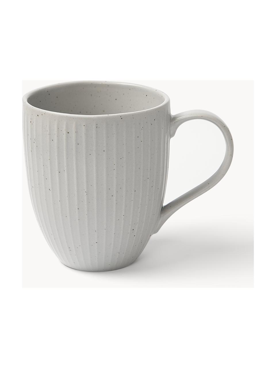 Grandes tasses à café motif chiné avec relief Rhea, 4 pièces, Grès cérame, Gris clair, Ø 9 x haut. 11 cm