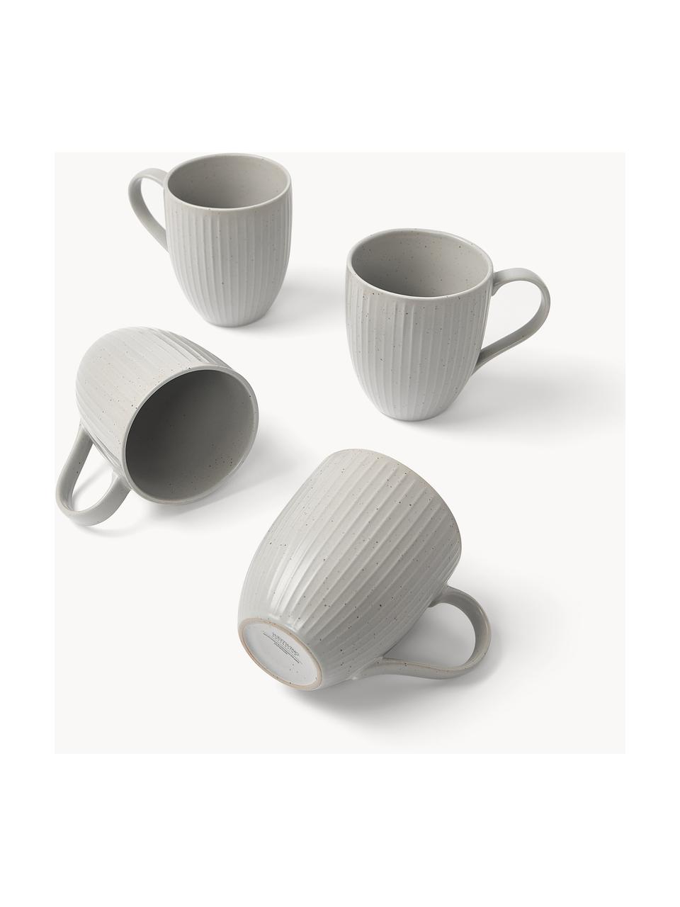 Grandes tasses à café motif chiné avec relief Rhea, 4 pièces, Grès cérame, Gris clair, Ø 9 x haut. 11 cm