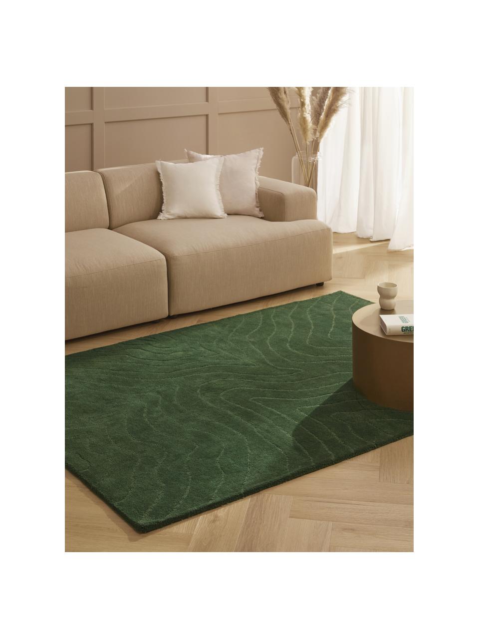 Wollen vloerkleed Aaron, handgetuft, Onderzijde: 100% katoen Bij wollen vl, Donkergroen, B 80 x L 150 cm (maat XS)