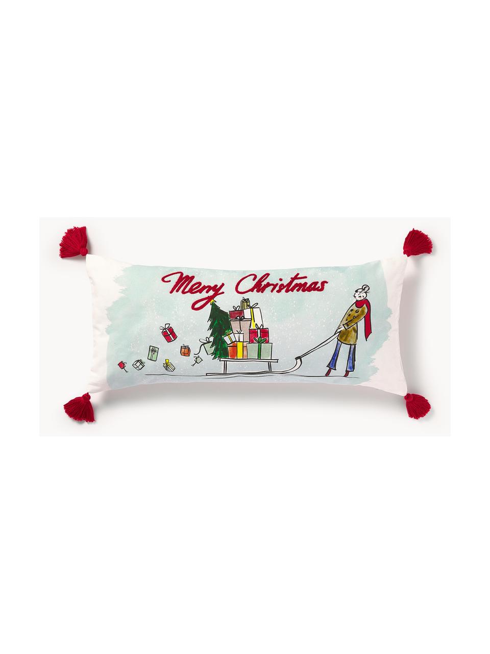 Housse de coussin en coton au design Sled de Kera Till, Blanc cassé, rouge, multicolore, larg. 30 x long. 70 cm