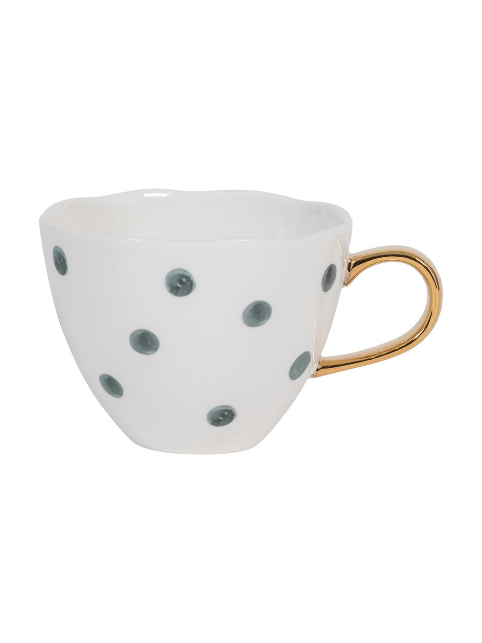 Gepunktete Tasse Good Morning mit goldenem Griff, Steingut, Weiss, Blau, Ø 11 x H 8 cm, 350 ml