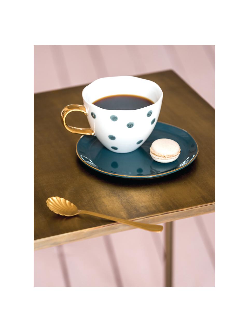 Tasse en porcelaine avec poignée dorée Good Morning, Grès cérame, Blanc, bleu, Ø 11 x haut. 8 cm, 350 ml