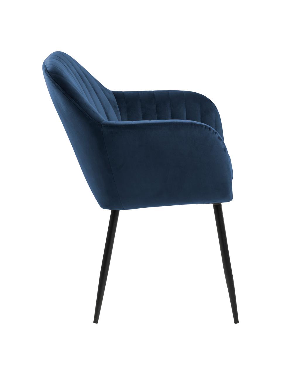 Silla de terciopelo con reposabrazos Emilia, Tapizado: terciopelo de poliéster 2, Patas: metal pintado, Terciopelo azul oscuro, patas negro, An 57 x F 59 cm