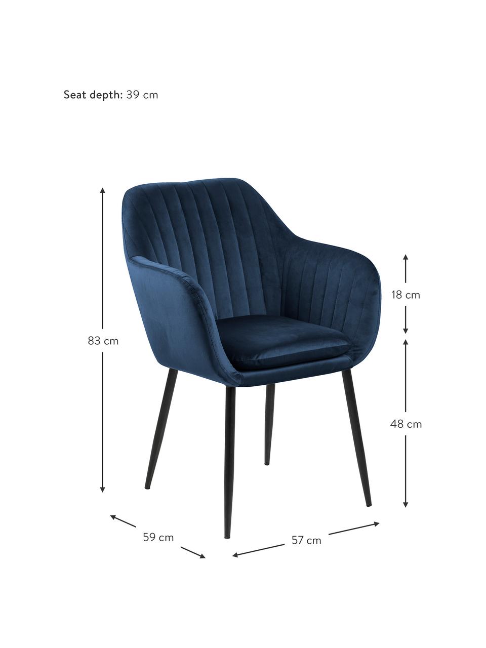 Chaise en velours rembourrée et pieds en métal Emilia, Velours bleu foncé, noir, larg. 57 x prof. 59 cm