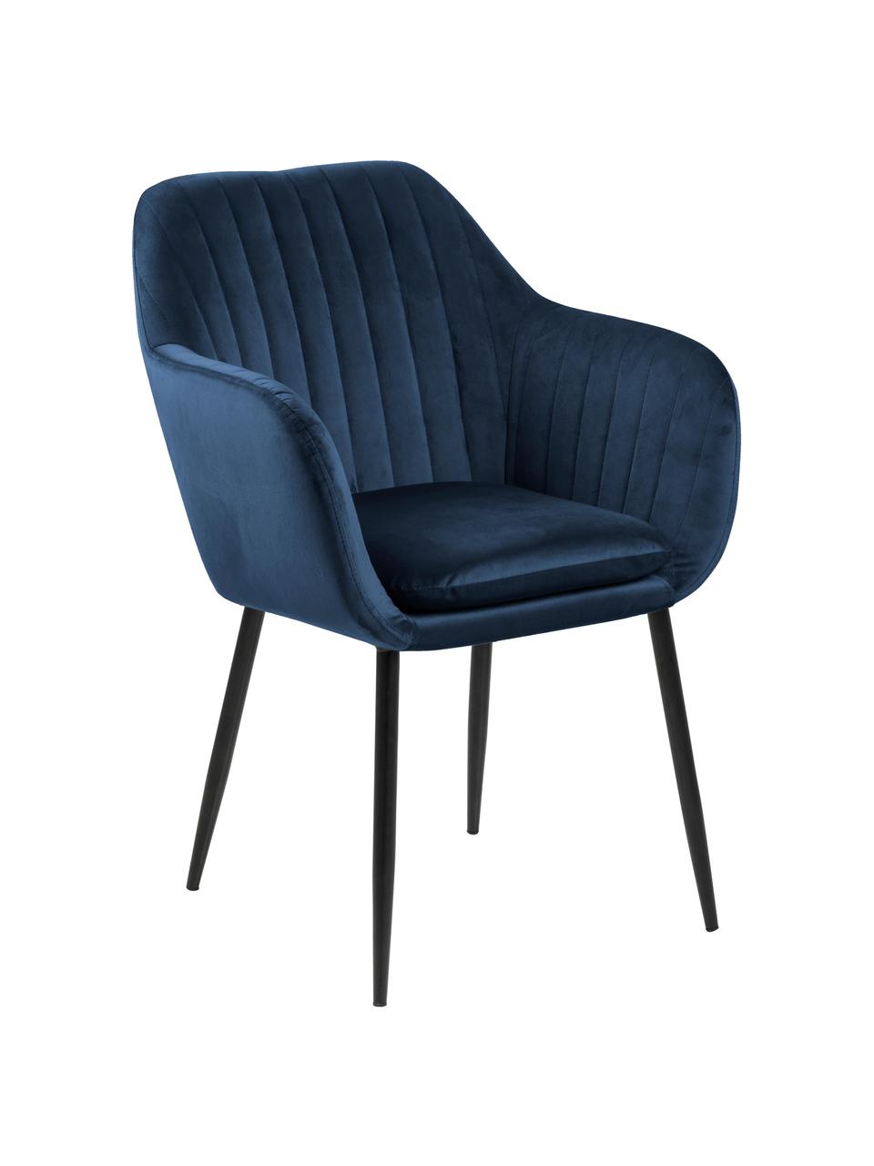 Chaise en velours rembourrée et pieds en métal Emilia, Velours bleu foncé, noir, larg. 57 x prof. 59 cm