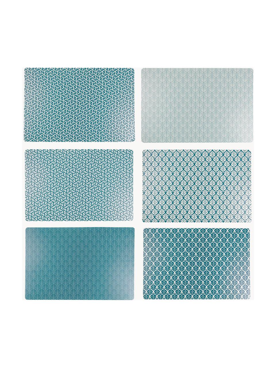 Placemats Bali Leaf, 6 stuks, PVC-kunststof, Blauw, wit, B 30 x L 45 cm