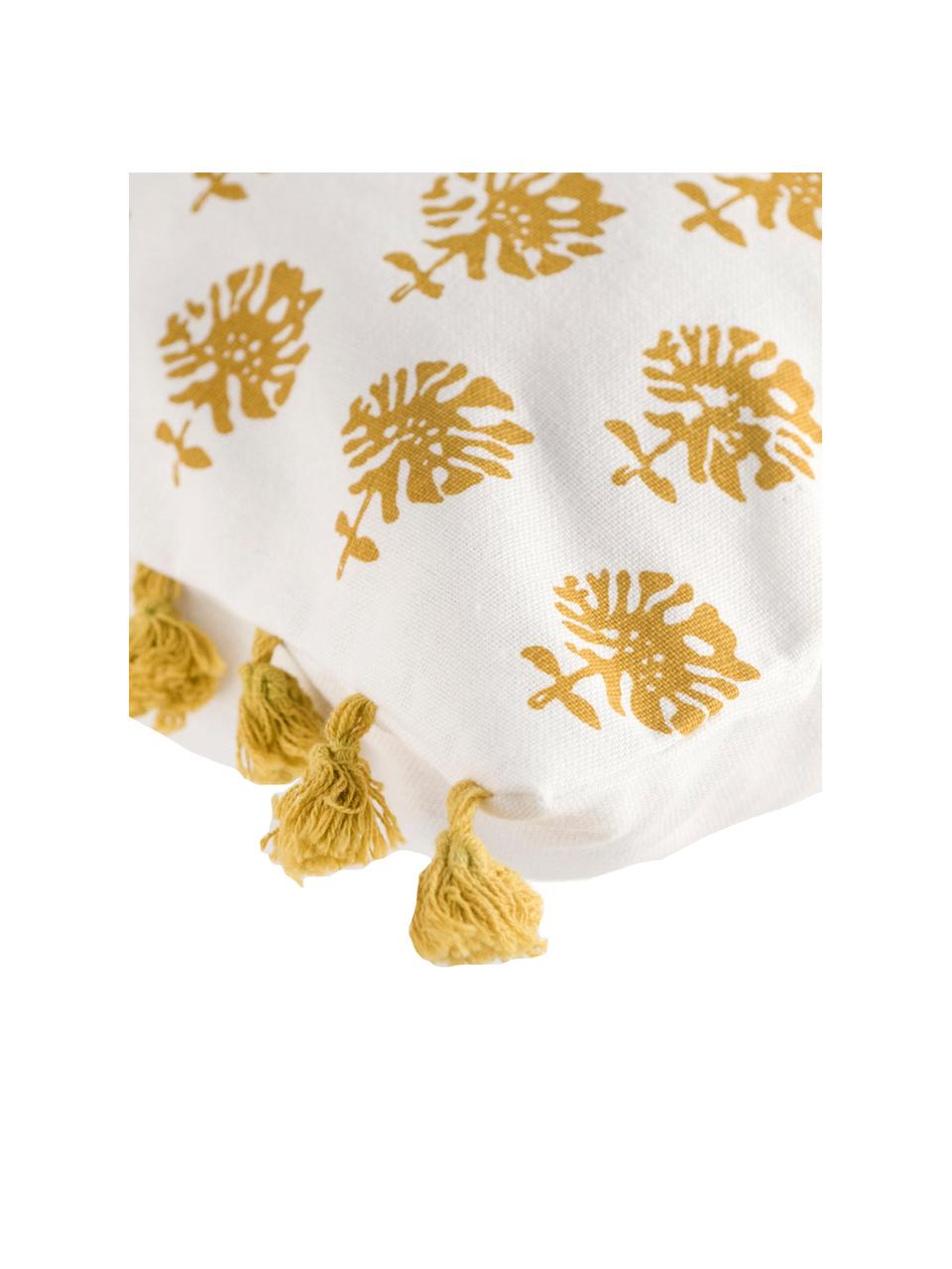 Housse de coussin rectangulaire houppes Poesy, Blanc, jaune