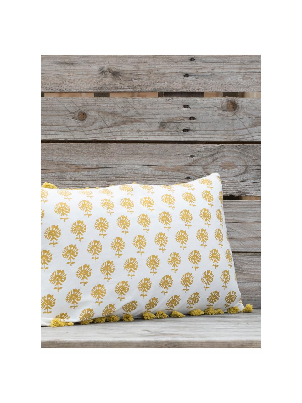 Housse de coussin rectangulaire houppes Poesy, Blanc, jaune