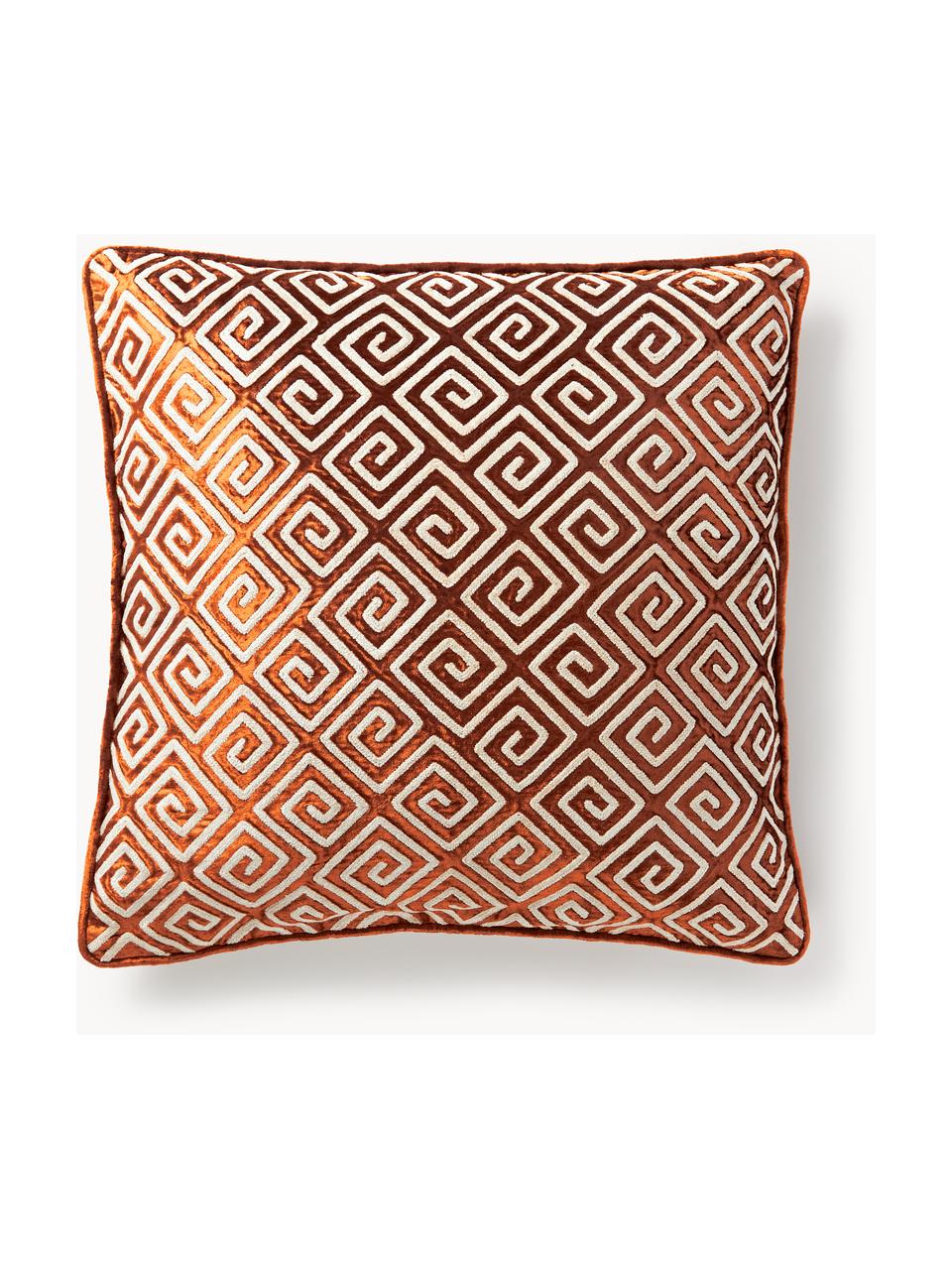 Housse de coussin 60x60 en velours avec broderie en chenille Stormi, Terracotta, beige clair, larg. 60 x long. 60 cm