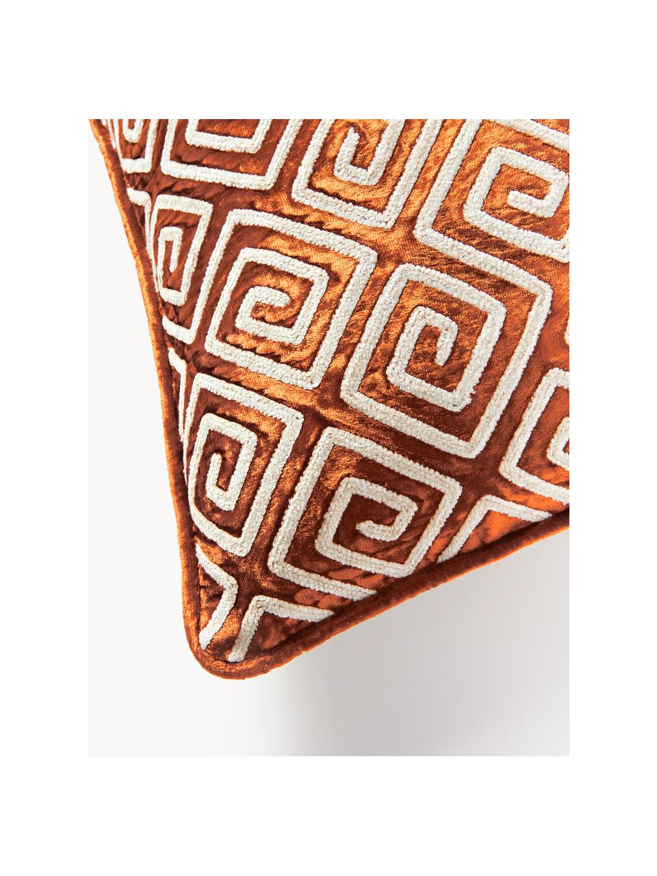 Housse de coussin 60x60 en velours avec broderie en chenille Stormi, Terracotta, beige clair, larg. 60 x long. 60 cm