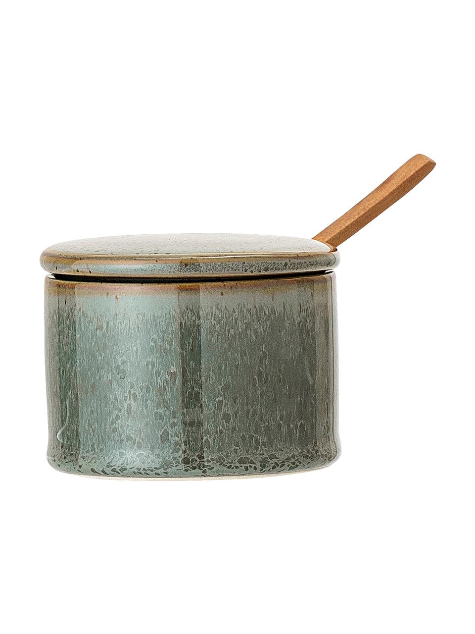Zuccheriera con cucchiaio di legno Pixie, Contenitore: gres, Cucchiaio: legno d'acacia, Tonalità verdi, tonalità marroni, Ø 8 x Alt. 6 cm