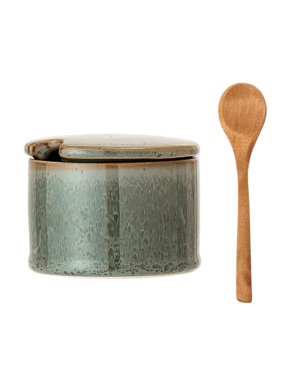 Zuccheriera con cucchiaio di legno Pixie, Contenitore: gres, Cucchiaio: legno d'acacia, Tonalità verdi, tonalità marroni, Ø 8 x Alt. 6 cm