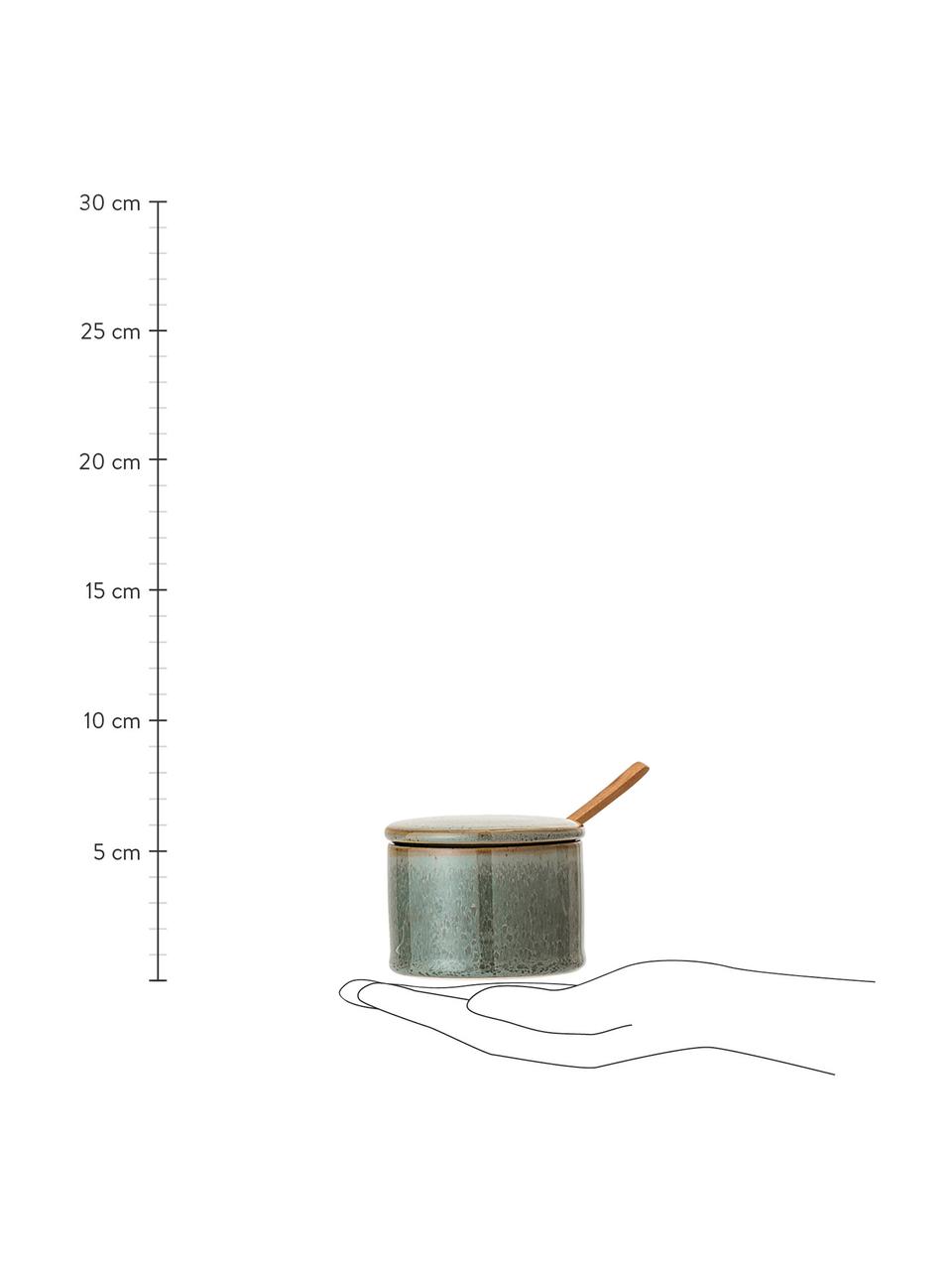 Steingut Zuckerdose Pixie mit Holzlöffel, Dose: Steingut, Löffel: Akazienholz, Grüntöne, Ø 8 x H 6 cm