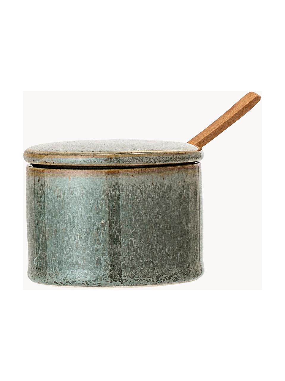 Suikerpot Pixie met houten lepel, Pot: keramiek, Lepel: acaciahout, Saliegroen, gespikkeld, Ø 8 x H 6 cm