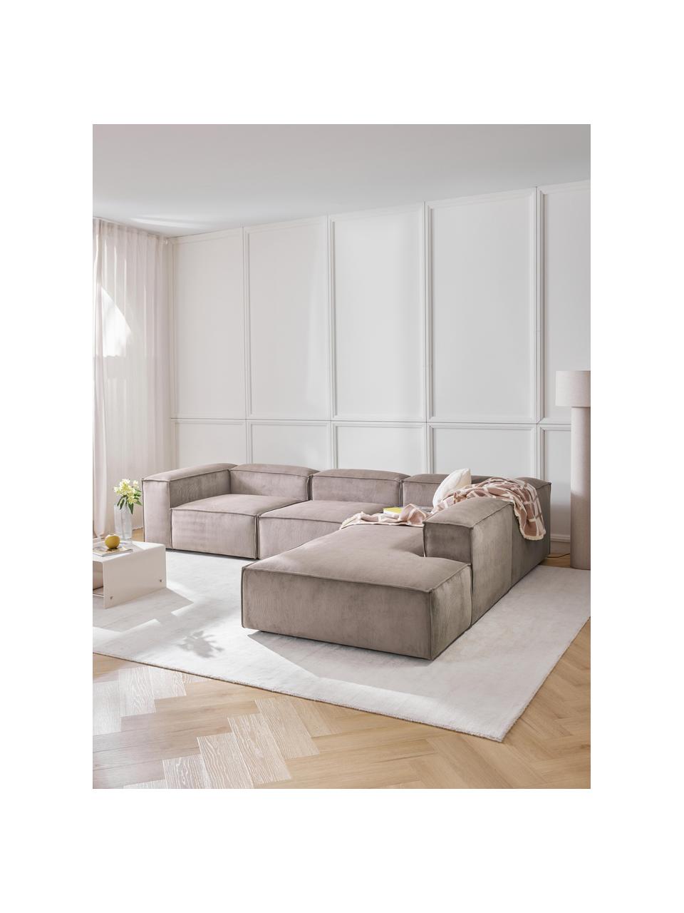 Modulares XL-Ecksofa Lennon aus Cord, Bezug: Cord (92 % Polyester, 8 %, Gestell: Massives Kiefernholz, Spe, Füße: Kunststoff Dieses Produkt, Cord Taupe, B 329 x T 269 cm, Eckteil links