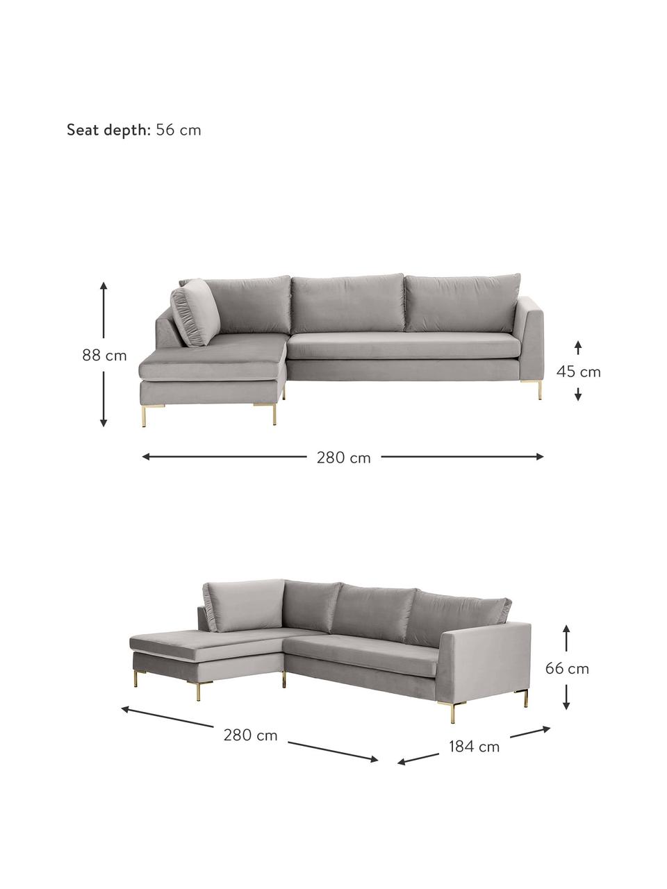 Sofa narożna z aksamitu z metalowymi nogami Luna, Tapicerka: aksamit (poliester) Dzięk, Nogi: metal galwanizowany, Jasnoszary aksamit, S 280 x G 184 cm, lewostronna