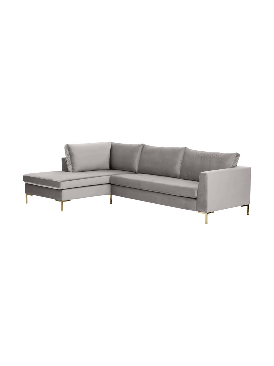 Sofa narożna z aksamitu z metalowymi nogami Luna, Tapicerka: aksamit (poliester) Dzięk, Nogi: metal galwanizowany, Jasnoszary aksamit, S 280 x G 184 cm, lewostronna