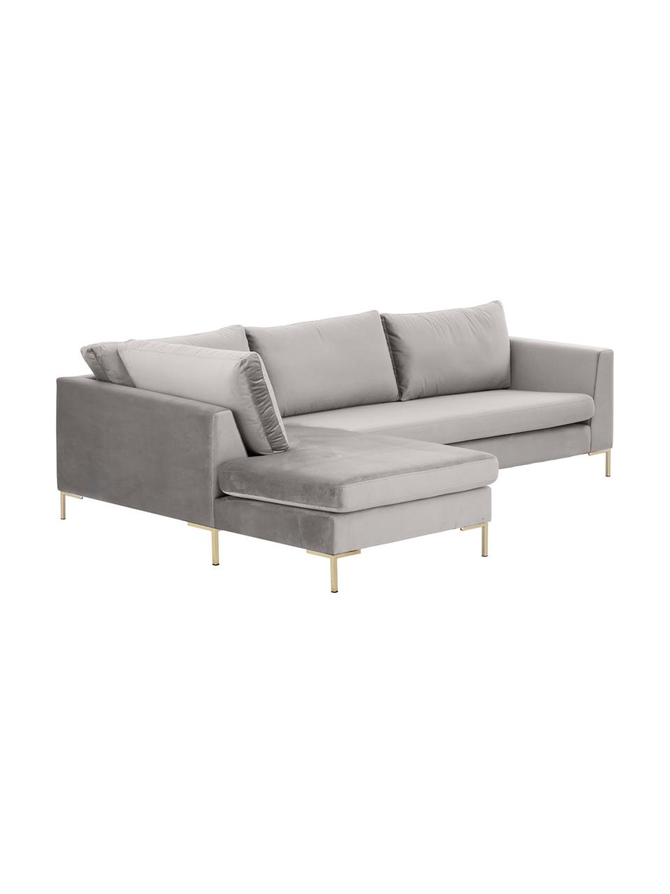 Sofa narożna z aksamitu z metalowymi nogami Luna, Tapicerka: aksamit (poliester) Dzięk, Nogi: metal galwanizowany, Jasnoszary aksamit, S 280 x G 184 cm, lewostronna