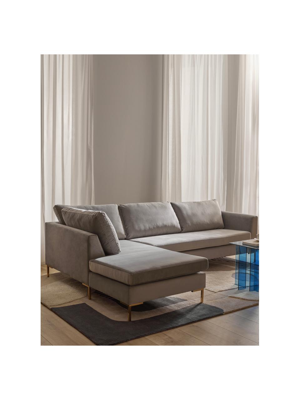 Divano angolare in velluto Luna, Rivestimento: velluto (100% poliestere), Struttura: legno massiccio di faggio, Velluto grigio, Larg. 280 x Prof. 184 cm, chaise-longue a sinistra