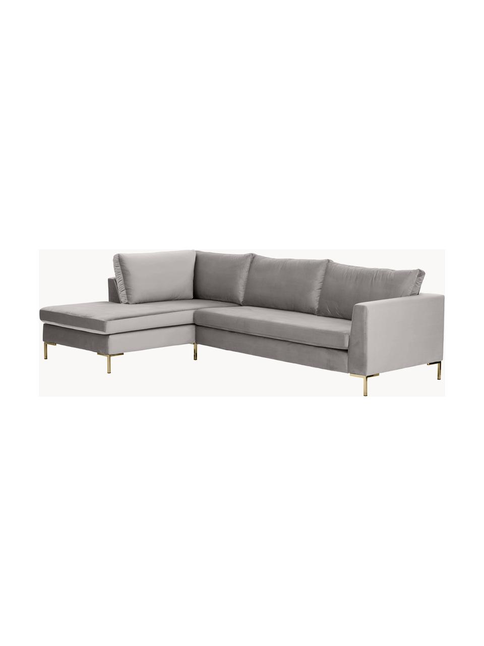 Sofa narożna z aksamitu Luna, Tapicerka: aksamit (100% poliester) , Stelaż: lite drewno bukowe, sklej, Nogi: metal galwanizowany, Szary aksamit, S 280 x G 184 cm, lewostronna