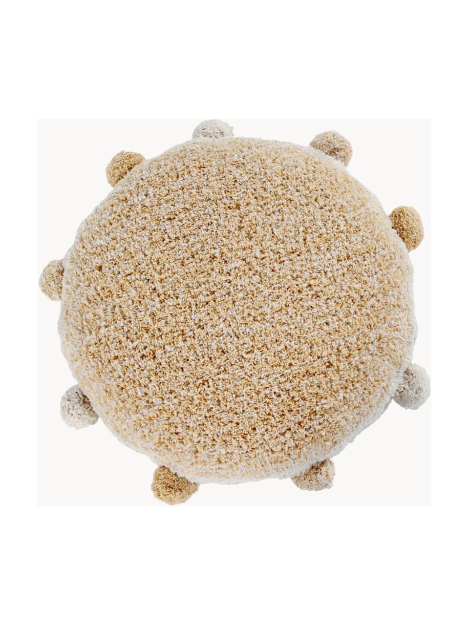 Cojín de suelo infantil artesanal Pompom, Funda: 97% algodón, 3% fibra sin, Ocre, blanco Off White, Ø 48 x Al 10 cm