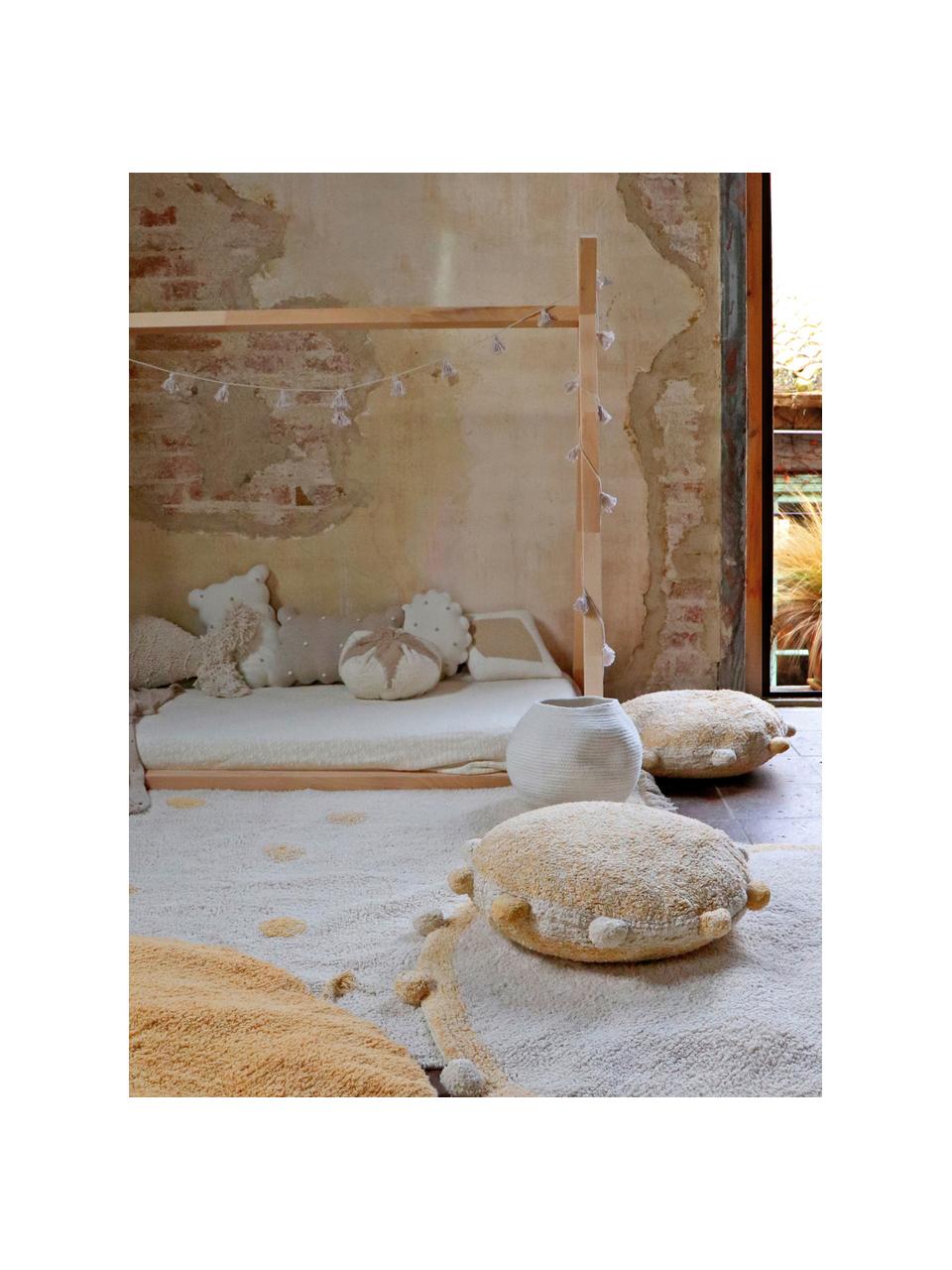 Coussin de sol pour enfants fait à la main Pompom, Ocre, blanc cassé, Ø 48 x haut. 10 cm